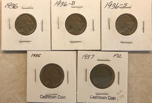 Five Different Buffalo Nickels - 1935, 1936, 1937, 1936-D, & 1936-S