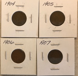 Four Different Indian Head Cents - 1904, 1905, 1906, & 1907