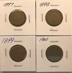 Four Different Liberty Nickels - 1897, 1898, 1899, & 1900