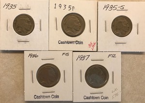 Five Different Buffalo Nickels - 1935, 1936, 1937, 1935-D, & 1935-S