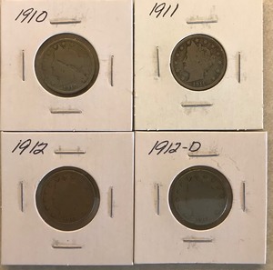 Four Different Liberty Nickels - 1910, 1911, 1912, & 1912-D