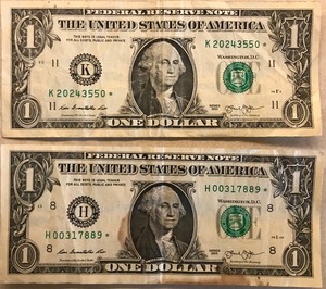 Two Different Star Notes - $1 (2013)  # H 00317889 ,  $1 (2013)  # K 20243550 