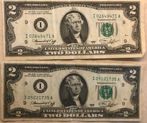 Two Different 1976 $2 Federal Reserve Notes - # I 05021735 A, # I 02649471 A