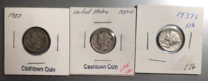 Three Different Mercury Dimes - 1937, 1937-D, & 1937-S