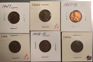 Six Different Lincoln Wheats - 1947 P,D,S & 1948 P,D,S