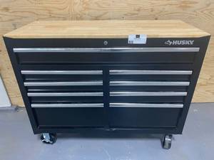 lot 1 image: HUSKY 46 in. W x 18.1 in. D 9-Drawer Tool Chest Mobile Workbench with Solid Wood Top