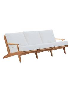 lot 41 image: MODWAY Saratoga Teak Outdoor Sofa in Natural with White Cushions - RETAIL $1,160