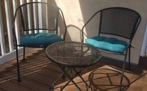lot 70 image: Iron Patio Chairs with Teal Cushions and Side Table