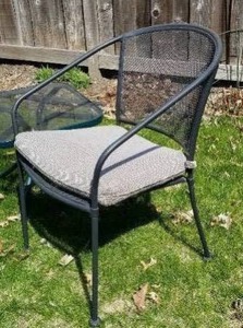 lot 71 image: Iron Patio Chairs with Beige Cushions and Side Table