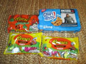 Chips Ahoys, Reeses Eggs, Reeses...