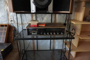lot 130 image: Vintage Electrophase 8 Track Tape Player With Sony Speakers and Metal Bakers Rack Stand