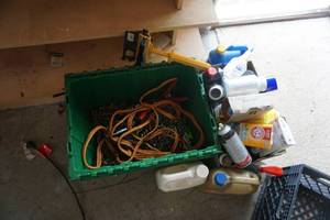 lot 52 image: Tote Containing Tow Chains, Jumper Cables & Automotive Fluids & Lubricants