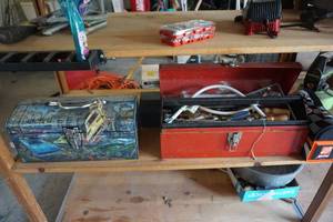 lot 55 image: Lot of 3 Metal Tool Boxes With Tools & Home Depot Themed Lunch Box