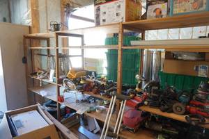 lot 118 image: Large Lot of Wood Adjustable Storage Shelving