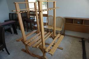 lot 43 image: Set of -  2 Wood Stand Alone GunFishing Rod HoldersDisplays