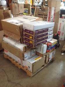 MIXED PALLET WITH ASSORTED HDX CABINETS & RACKS WITH HEFTY CLEANING SUPPLIES & MORE