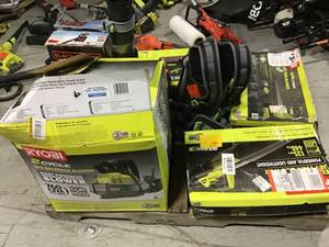 PALLET WITH ASSORTED RYOBI OUTDOOR TOOLS SEE PICS