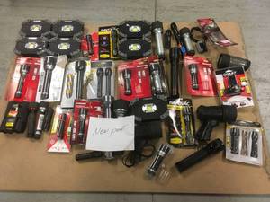 PALLET WITH ASSORTED FLASHLIGHTS & LIGHTING IN DIFFERENT SIZES & CONDITIONS