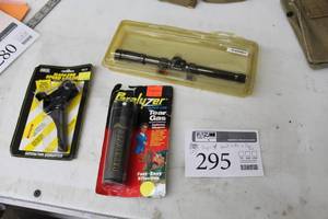 lot 295 image: Lot of (3) Daisy 4x15 Gun Scope, HPCS Magazine Speed Loader, Paralyzer Tear Gas