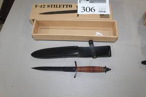 lot 306 image: V-42 Stiletto Knife with Leather Sheath