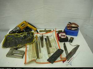 lot 54 image: Tools Drill, Clamps, Stapler, Bits, Files, Hex Key, Chalk Line Blades, Air Hose Fittings, Air Blower
