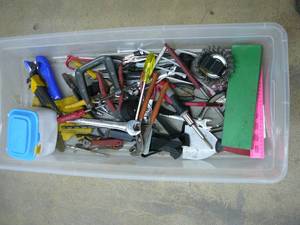 lot 57 image: Tools & Tote Clamp, Wrenchs, Plyers, Wire Wheel, Tin Snips, Putty Knives, Hex Wrenchs