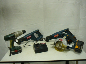lot 42 image: Ryobi 18 volt Tools 1- Charger 18 volt 2 - Sawzalls 18 Volt 1- Circular Saw 18 Volt 1 - Master force Drill 18 Volt