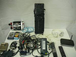 lot 105 image: Electronics Keyboard, Head Phones Sony, Net gear, Microsoft, Samsung, Compaq, Mass, Krystal, Cords