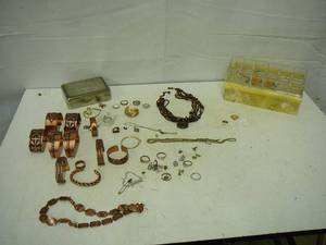 lot 108 image: Jewelry and Jewelry Boxes 14k Gold Ring, Copper Bracelets, Costume Jewelry