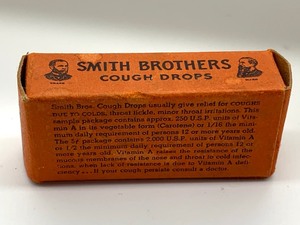 lot 23 image: Antique Vintage Smith Brothers Menthol Cough Drops Sample Box Orange Color