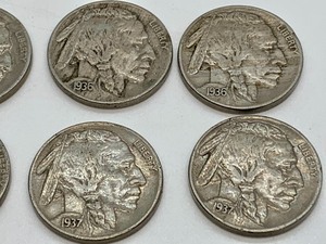 lot 63 image: (9) Buffalo Nickels 1935, 1936 and 1937