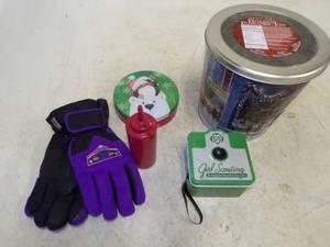 lot 69 image: Girl Scouting Tin with Thinuslate gloves and other tins