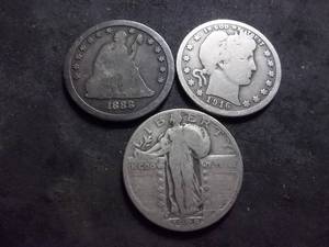 3- US Silver Quarters From Early Minting Eras 1888 S, 1916, 1928 D