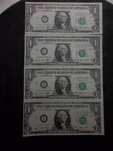 4-1 Dollar Bill With Consecutive Serial Numbers Mint Crisp Condition