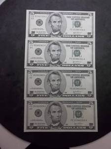 4-5 Dollar Bills With Consecutive Serial Numbers Mint Crisp Condition