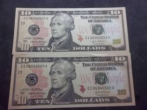 2-10 Dollar Bills With Consecutive Serial Numbers Mint Crisp Condition