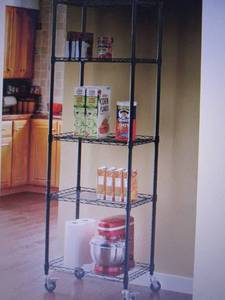 lot 33 image: 5-Shelf Tower Metal Rolling Rack op...
