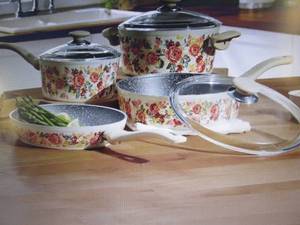 lot 101 image: 7-Piece Rose Enameled Cookware Set ...