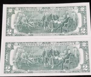 2 CONSECUTIVE SERIAL # BICENTENNIAL US $2 BILLS