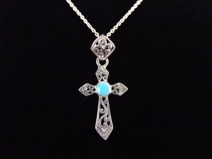 .925 Sterling Silver Turquoise Cabochon Cross Pendant Necklace