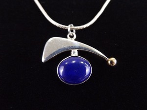 14k Yellow Gold and .925 Sterling Silver Signed Lapis Cabochon Pendant Necklace