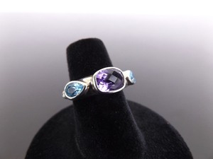 .925 Sterling Silver Checked Cut Amethyst and Pear Cut Topaz Ring Size 5.5