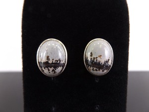 .925 Sterling Silver Moss Agate Cabochon Post Earrings