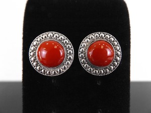 .925 Sterling Silver Red Enamel Cabochon Post Earrings