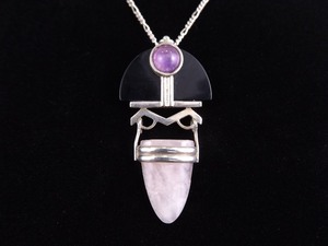.925 Sterling Silver Amethyst Cabochon Rose Quartz Onyx Tribal Pendant Necklace