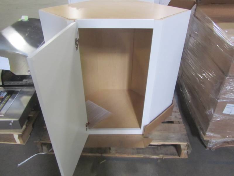 lot 103 image: Hampton Bay Shaker Assembled 24x30x12 in. Diagonal Corner Wall Kitchen Cabinet in Satin White KWD2430-SSW