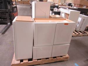lot 203 image: 5 Home Decorators Collection Kitchen Shaker Style Wall Cabinets in Satin White - Scratch and Dent
