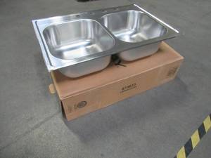 lot 206 image: Elkay 33 x 22 x 8 Satin Double-Basin Stainless Steel Drop-In 4-Hole Residential Kitchen Sink, LWDB332284. - Slight dent on LH Front corner.