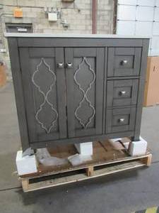 lot 207 image: allen  roth 36 Everdene Grey Single Sink Vanity with Carrera White Engineered Stone Top (Cracked) - Missing Mirror Door Inserts, Missing some insert clips.