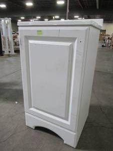lot 213 image: Glacier Bay Approximately 18-12 x 16 34 x 33 Tall Vanity in White with Cultured Marble Vanity Top in White (Chipped backsplash area and slight scratches on cabinet).